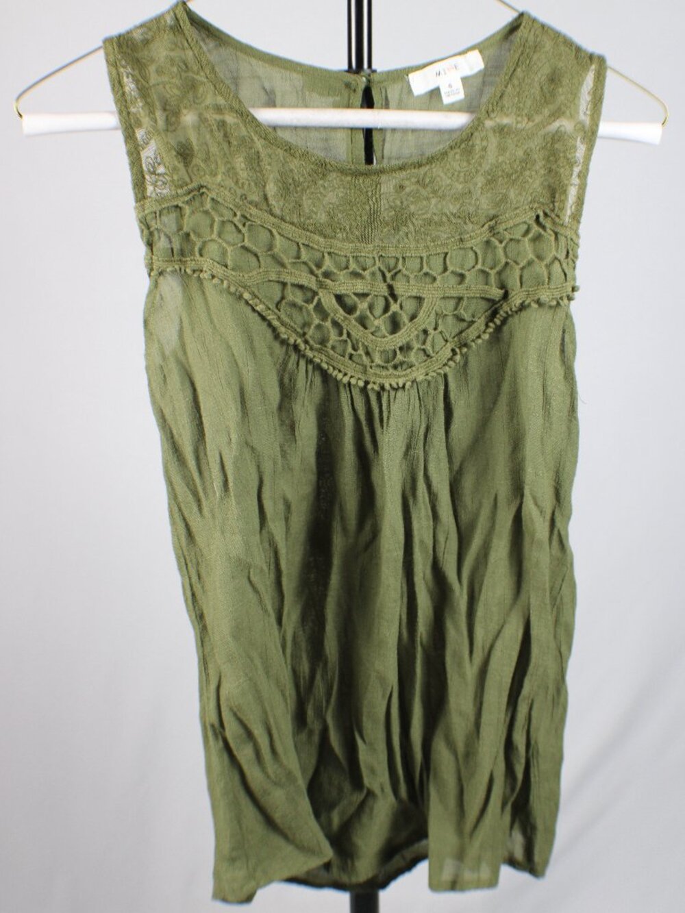 MINE Olive Green Sleeveless Lace Crochet Yoke Blouse Size S